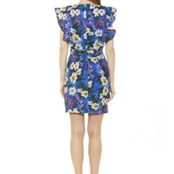 Alexia Admor Blue Floral Painted Daisy Ruffle Sleeve Wrap Dress 8 Some Damage - Picture 2 of 9